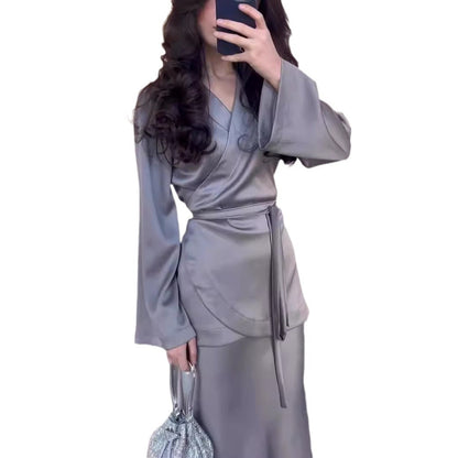 Women's Spring Satin Patchwork Design Long Dress Suits