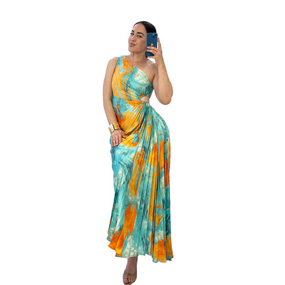 Women's Fashion Wear Printed Diagonal Collar Pleated Dresses