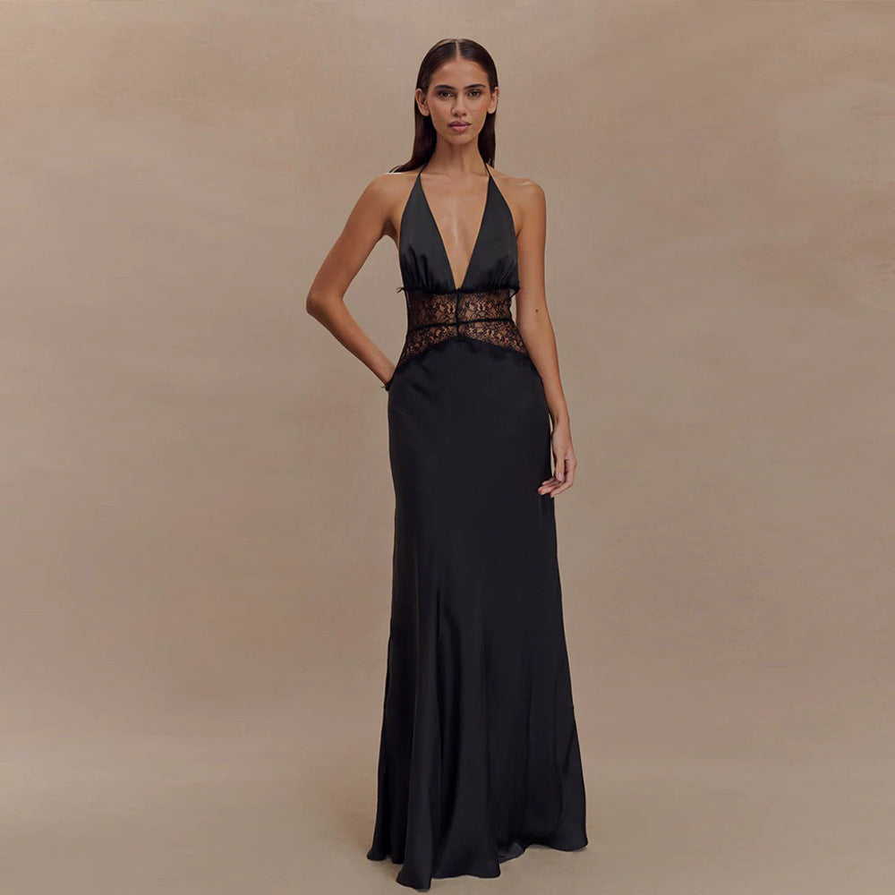 Women's Deep V Backless Lace Sexy Slim Dresses