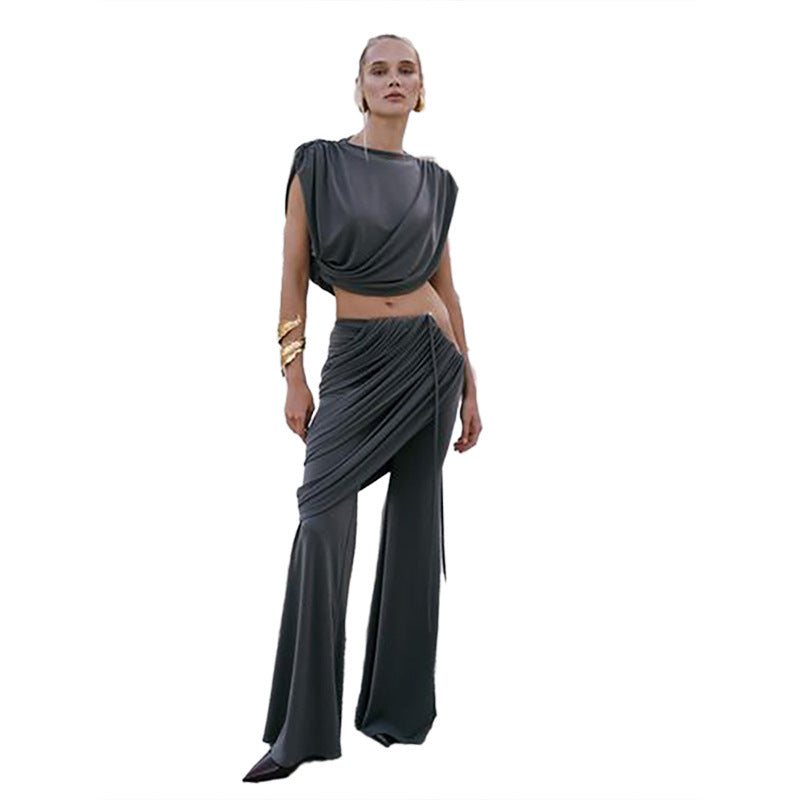 Women's Pleated Round Neck T-shirt Solid Color Pants