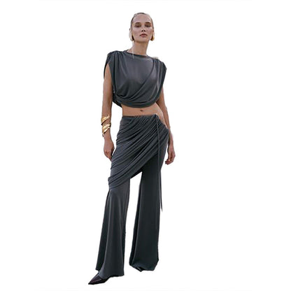 Women's Pleated Round Neck T-shirt Solid Color Pants