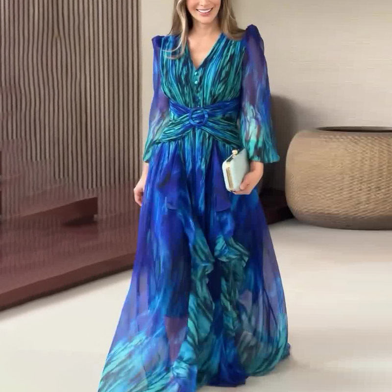 Vintage Fashion Print Long Sleeve Elegant Dresses