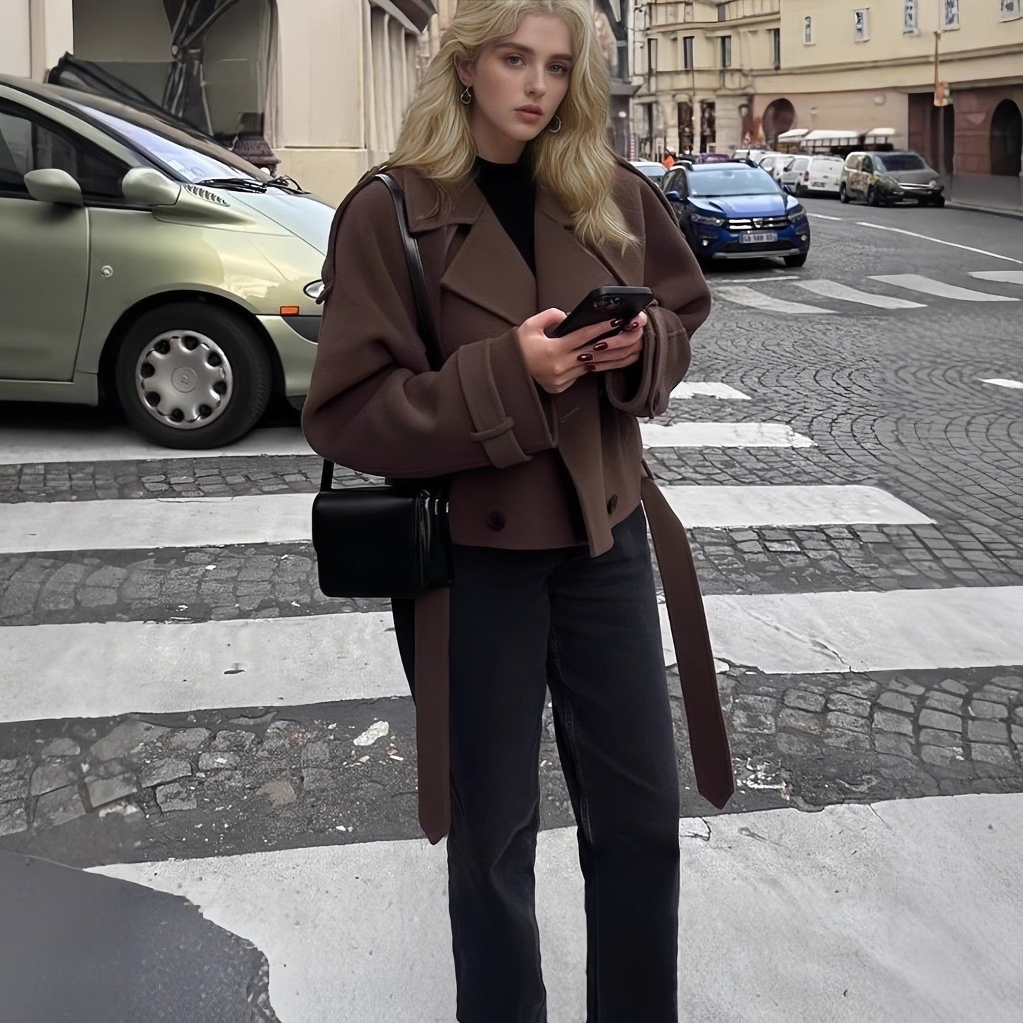 Women's Large Lapel Woolen Fashion Belt Overcoat Coats