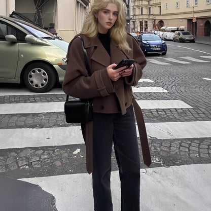 Women's Large Lapel Woolen Fashion Belt Overcoat Coats