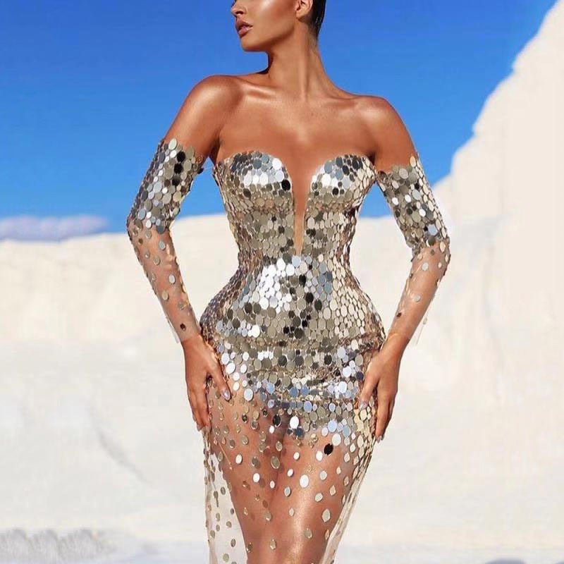 Women's Summer Dress Sequined Sexy Mesh Long Wedding Dresses