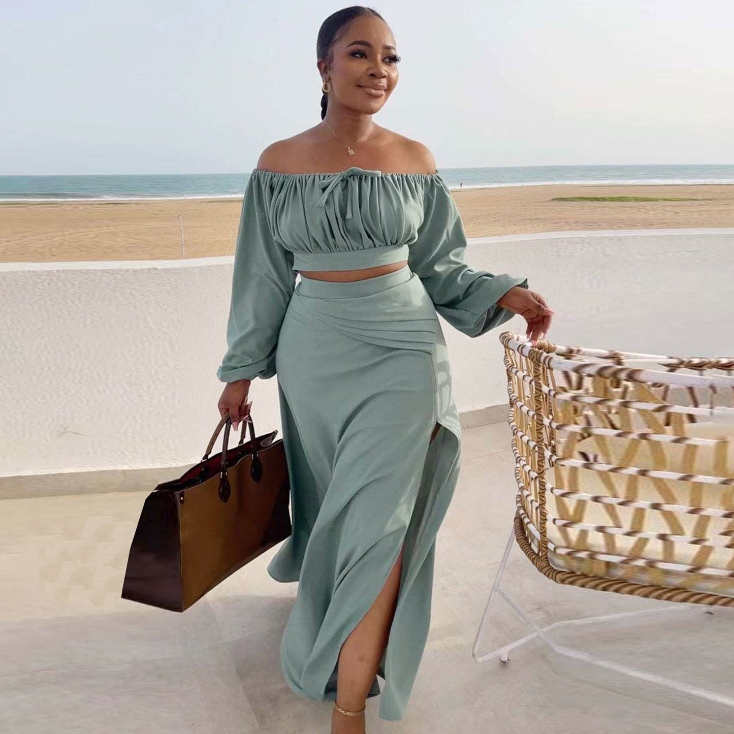 Sexy Bandeau Large Lantern Sleeve Two-piece Suits