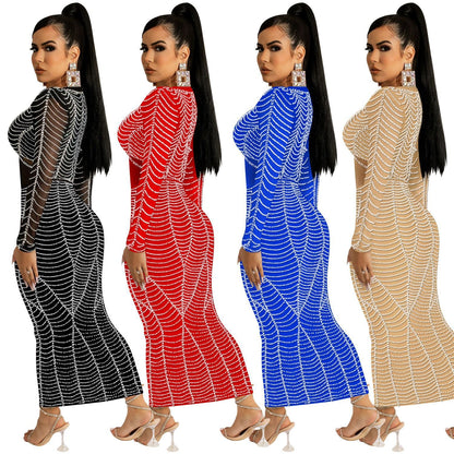 Women's Sexy Nightclub Rhinestone Mesh Long Sleeve Dresses