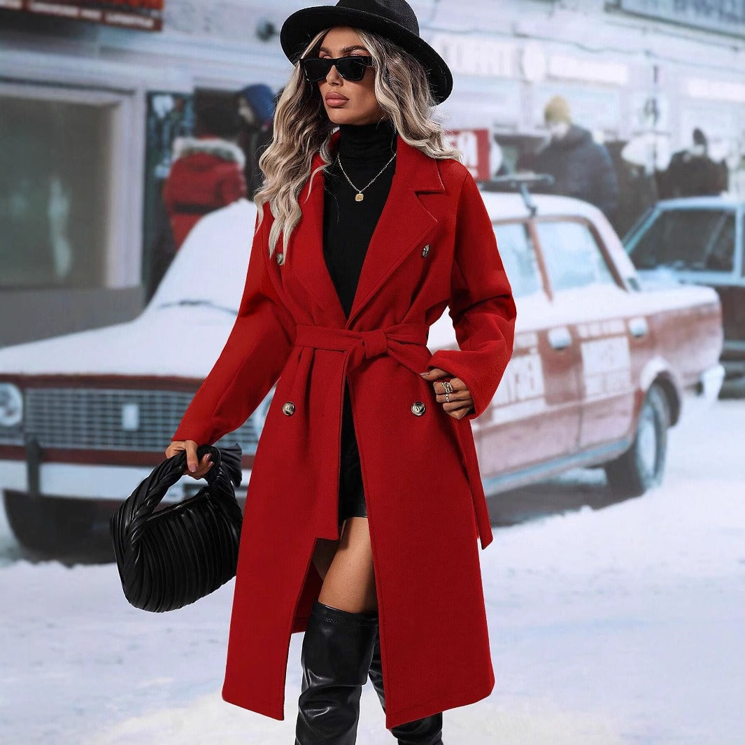 Women's Collar Woolen Double Breasted Overcoat For Coats