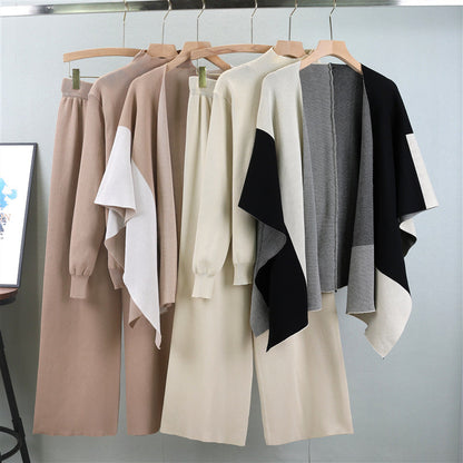 Women's Fashionable Knitted Color Matching Shawl Three-piece Suits