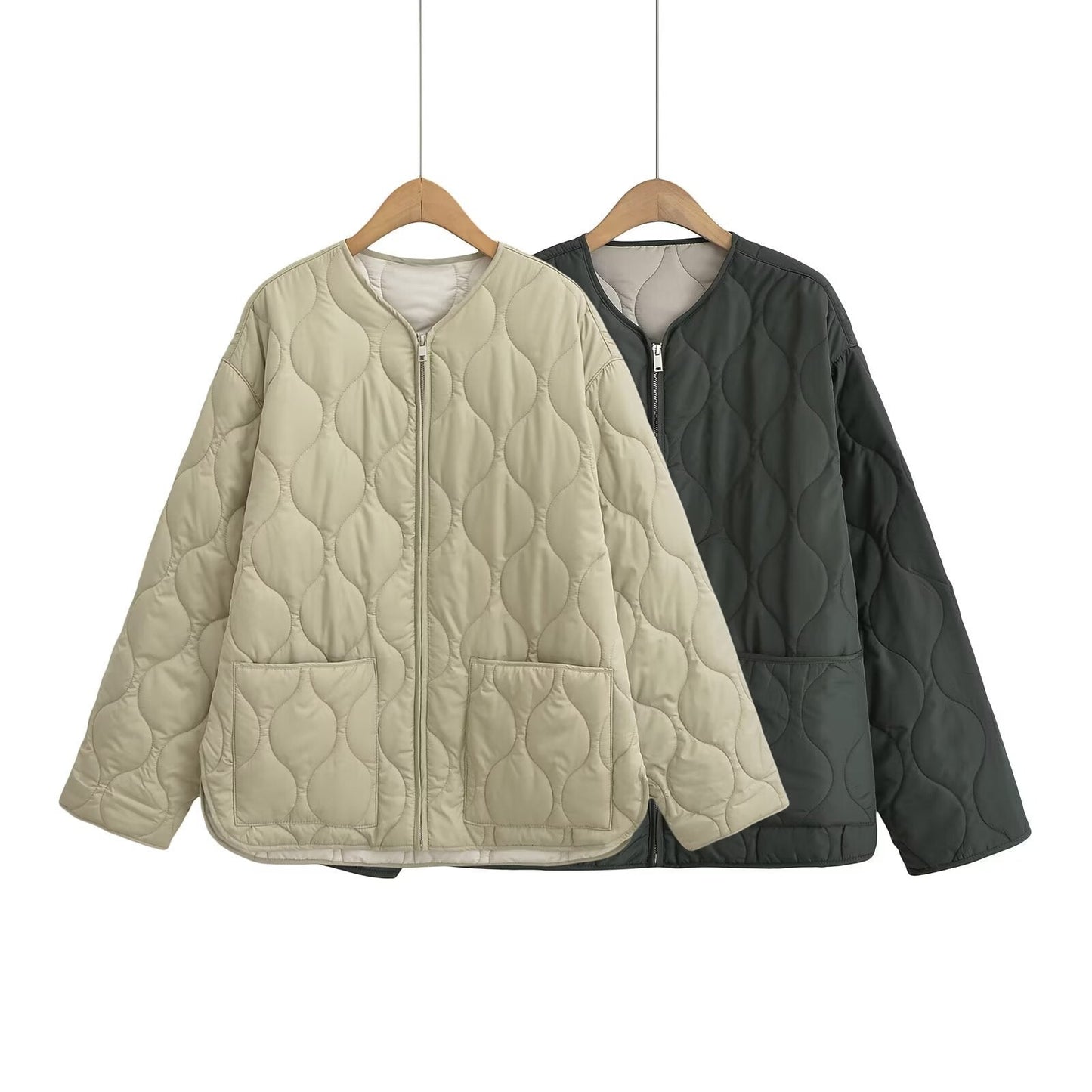 Women's Loose Cotton Quilted Fashion Zipper Thin Coats