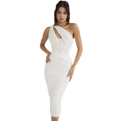 Solid Color Pleated Shoulder Fishbone Hollow Dresses