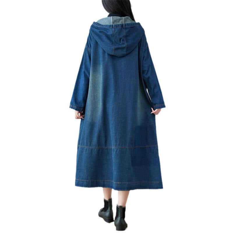 Washed-out Vintage Extended Denim Artistic Stitching Hooded Coats