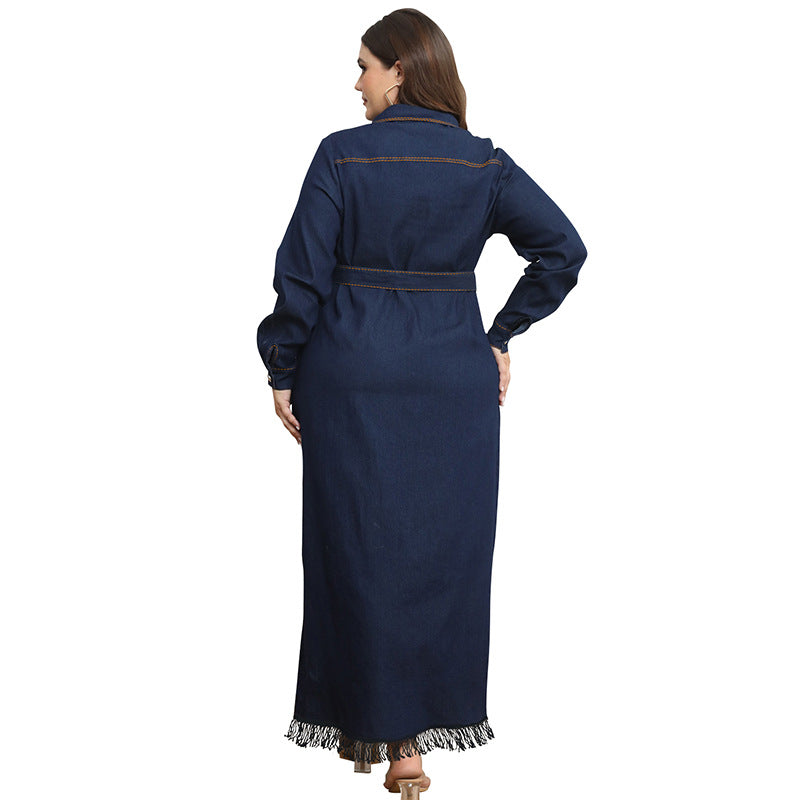 Women's Denim One-piece Dress Tassel Long Sleeve Dresses