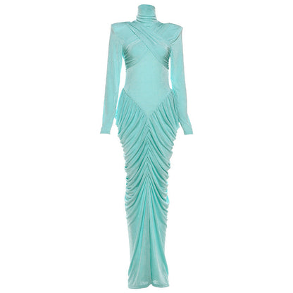Women's Temperament High Collar Solid Color Long Dresses