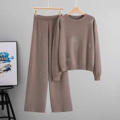 Women's Autumn Elegant Rhinestone Loose Wide Leg Suits