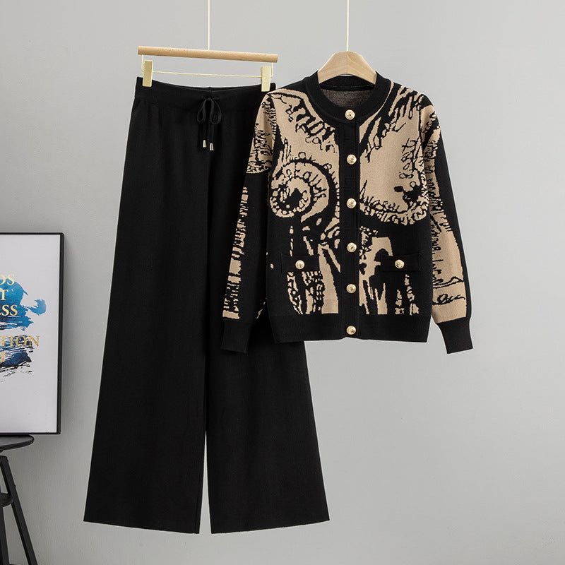 Women's Fashion Two-piece Printed Metal Buckle Knitted Suits