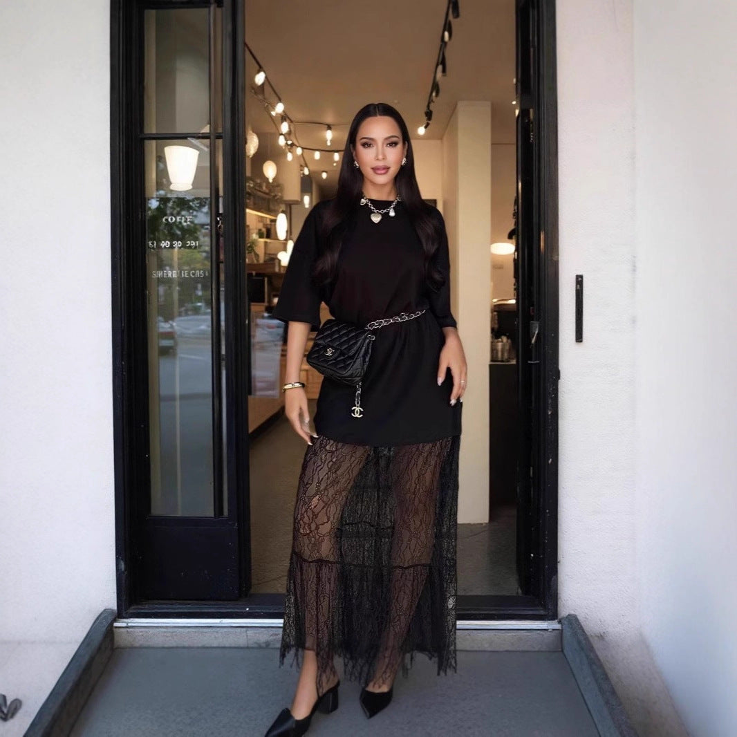 Women's Neck Stitching Lace Dress Summer Niche Goddess Dresses