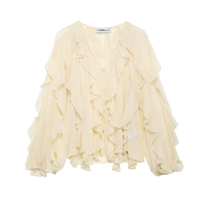 Women's Ruffled Shirt Long Sleeve Black Apricot Solid Blouses