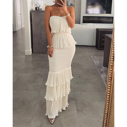 Women's Tube Smocking Pleated Ruffled Long Dress Blouses