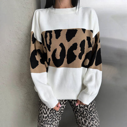 Women's Contrast Color Fashionable Loose Round Neck Idle Style Early Sweaters