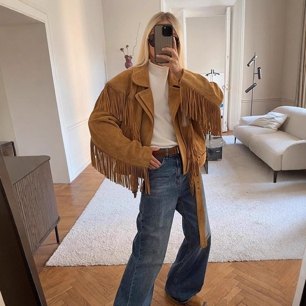Women's Retro Style Lapel Tassel Wide Shoulder Coats