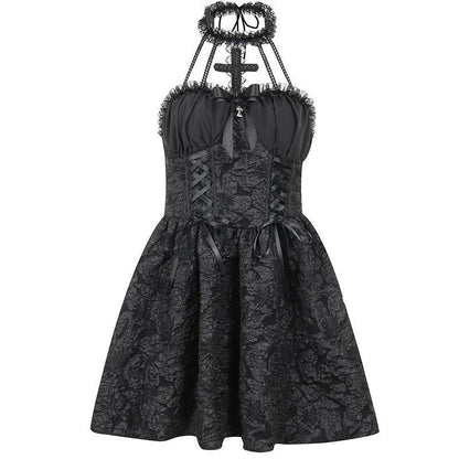 Women's Halloween Dress Winter Personality Cross Halter Dark Dresses