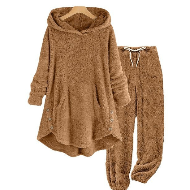 Women's Solid Color Plush Hooded Long Sleeve Suits