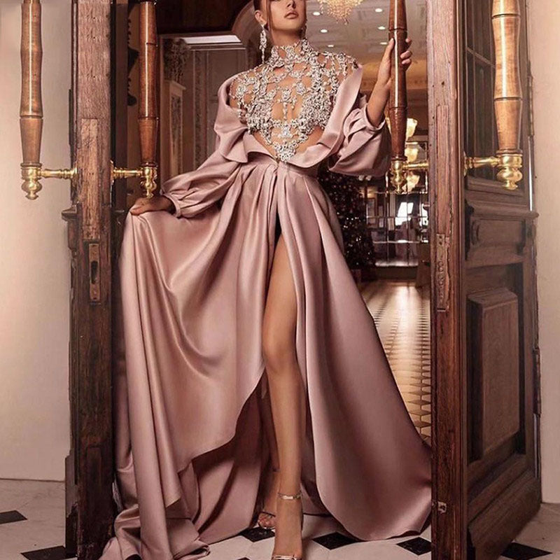 Women's Summer Banquet Pink Dress Sexy Slit Wedding Dresses