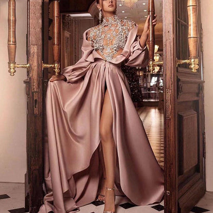 Women's Summer Banquet Pink Dress Sexy Slit Wedding Dresses