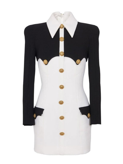 White Stitching Collar Metal Button Bandage Dresses