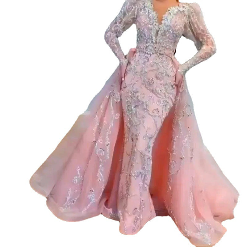Spring Sexy Hip Tail Long Dress Pink Sequin Wedding Dresses