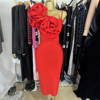 Red Flower Backless Slim Mid-length Bandage Dresses