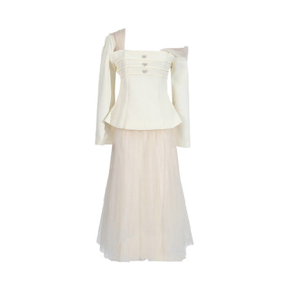 Women's Fashion Square Collar Gauzy Stitching High Suits