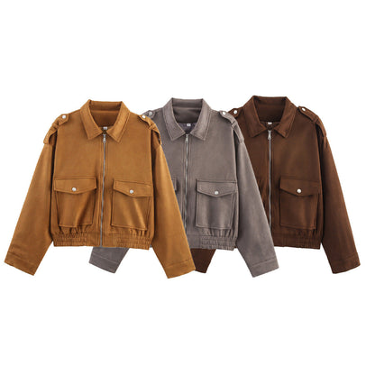 Women's Pocket Decorative Suede Texture Zipper For Jackets