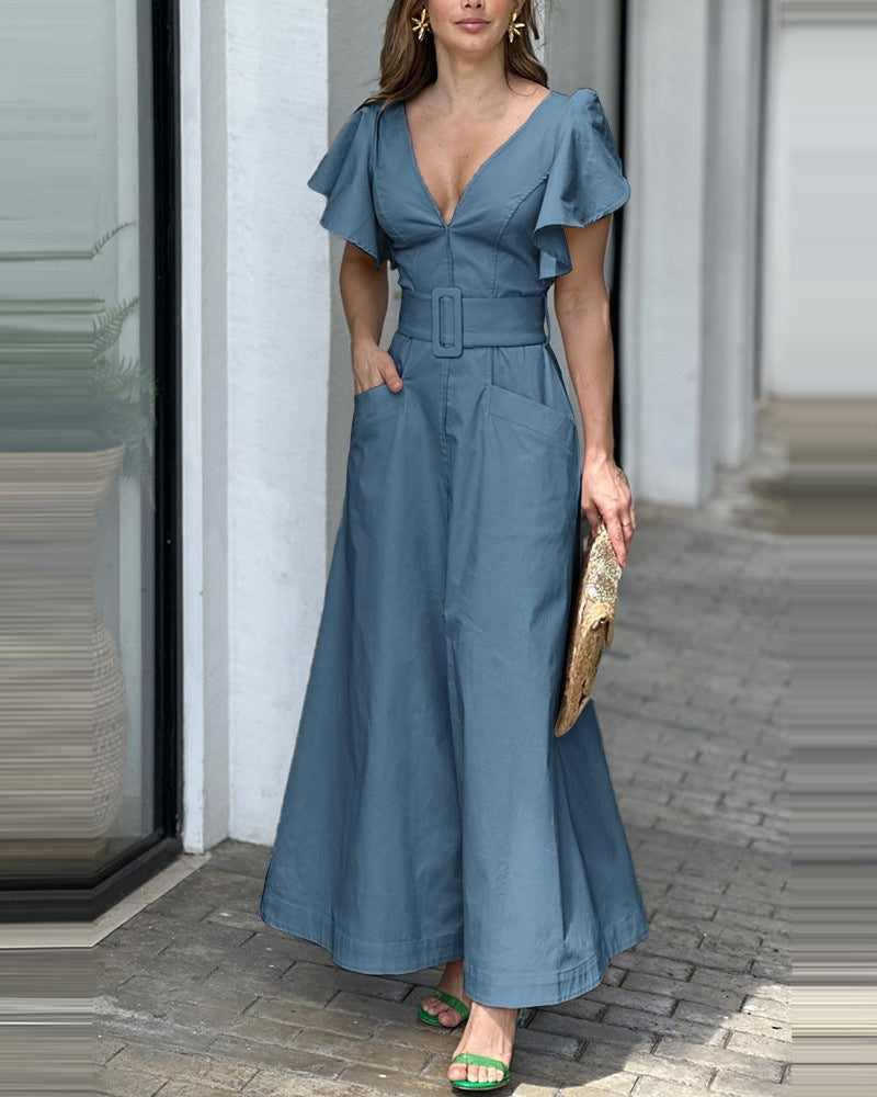 Dress Solid Color Ruffle Sleeve Temperament Dresses