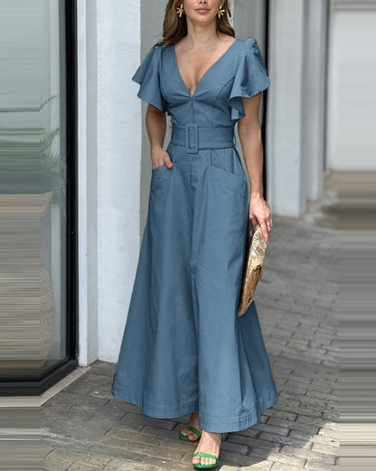 Dress Solid Color Ruffle Sleeve Temperament Dresses