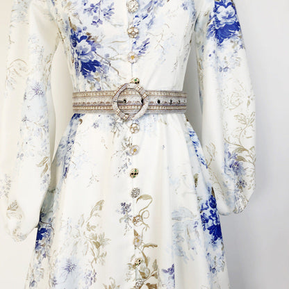 Women's Floral Print Single-breasted Stand-up Collar Puff Dresses