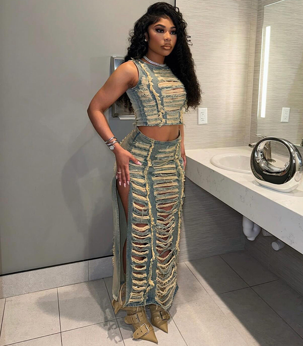 Women's Denim Trendy Unique Hand Frayed Slit Suits