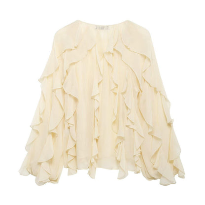 Women's Ruffled Shirt Long Sleeve Black Apricot Solid Blouses