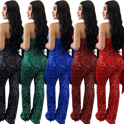 Women's Fashion Wear Solid Color Sleeveless Sequined Jumpsuits