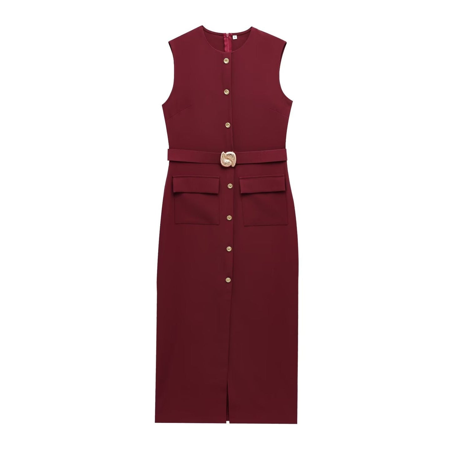 Spring With Belt Crepe Sleeveless Midi Dresses