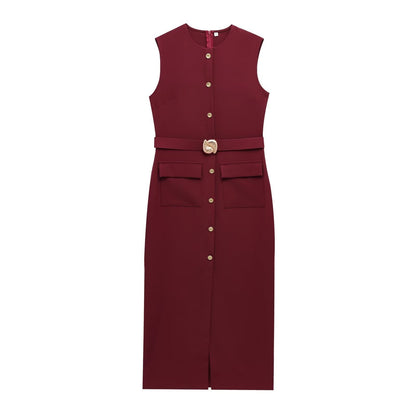 Spring With Belt Crepe Sleeveless Midi Dresses