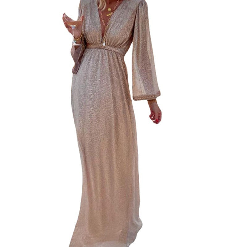 Women's Fashion Beige Collar Long Sleeve Sequins Dresses
