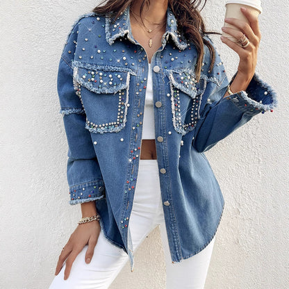 Beauty Beaded Contrast Color Denim Long-sleeved Suits