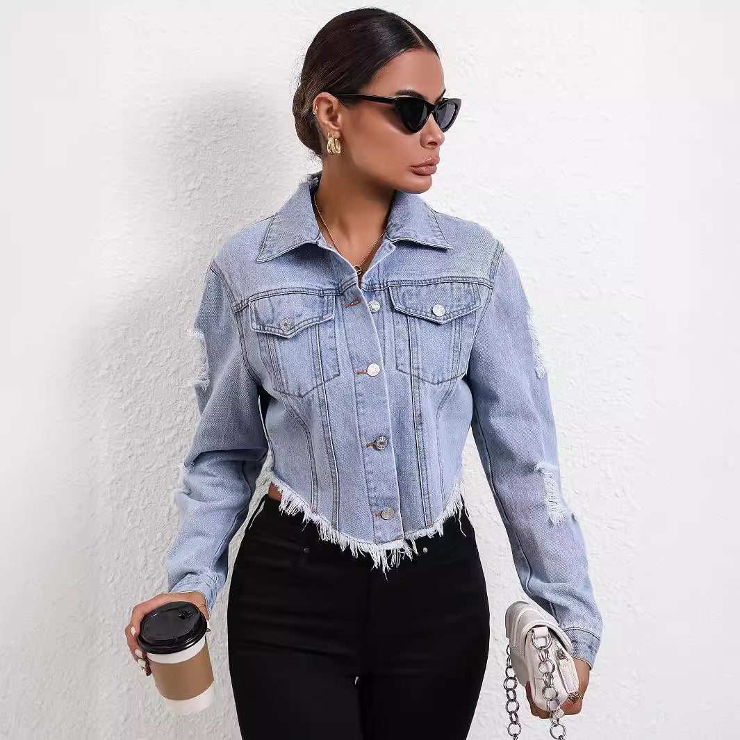 Women's Casual Loose Hole Long Sleeve Denim Coats
