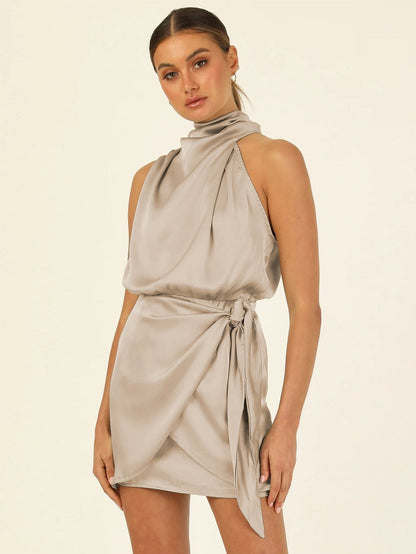Fashion Halter Advanced Satin Tied Slim Fit Dresses