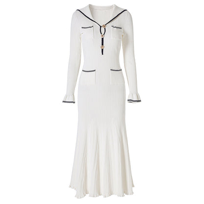Sailor Collar Bell Sleeve Long Knitted Dress Golden Dresses