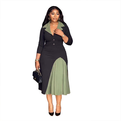 Elegant Commuter Lapel Waist Tight Elastic Pleated Dresses