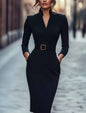 Women's Elegant Long Sleeve Pocket Dress Belted Dresses