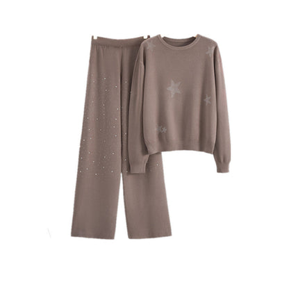 Women's Autumn Elegant Rhinestone Loose Wide Leg Suits